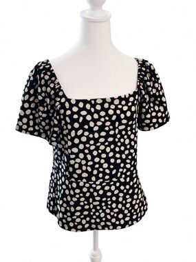 Square Neck Puff Sleeve Polka Dot Blouse - Black & Cream